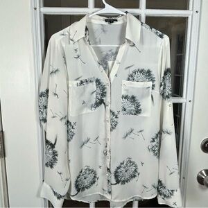Express White Dandelion Print Women's Button Down Shirt